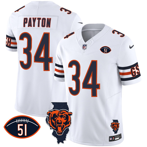 Men's Chicago Bears #34 Walter Payton White F.U.S.E. With Illinois and No. 51 Patch Stitched Football Jersey